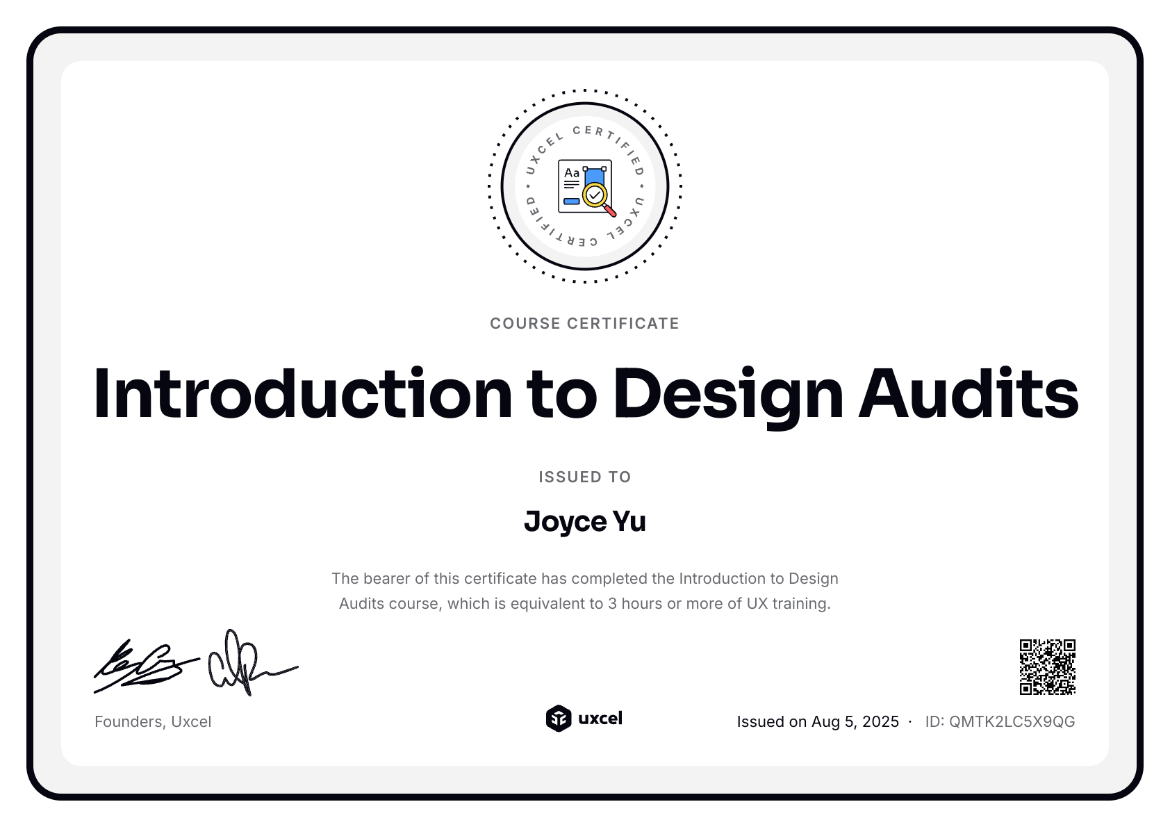 Joyce Yu's certificate